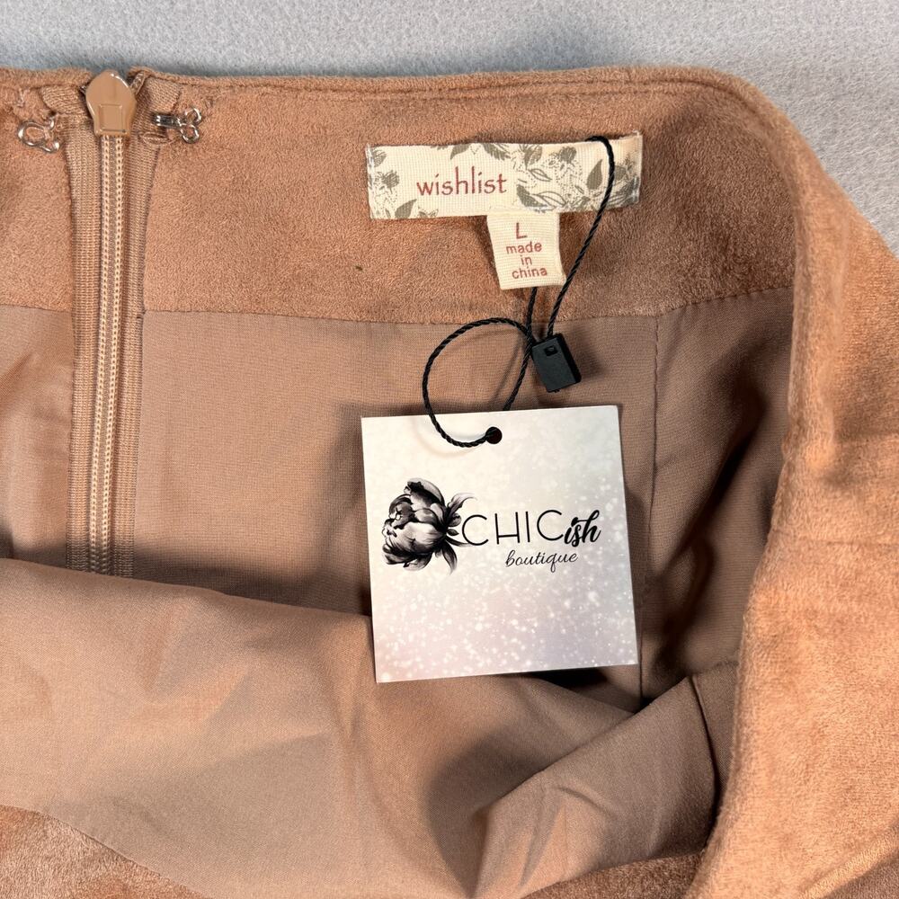 Wishlist Camel Faux Suede Asymmetrical Fringe Mini Skirt NWT Size Large - Picture 6 of 8